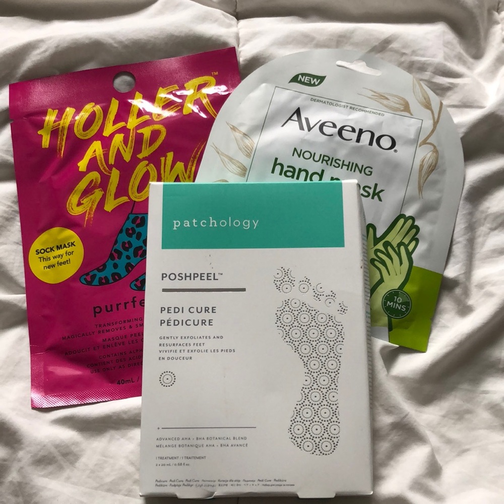 Patchology, Aveno, and holler and glow hand and foot masks